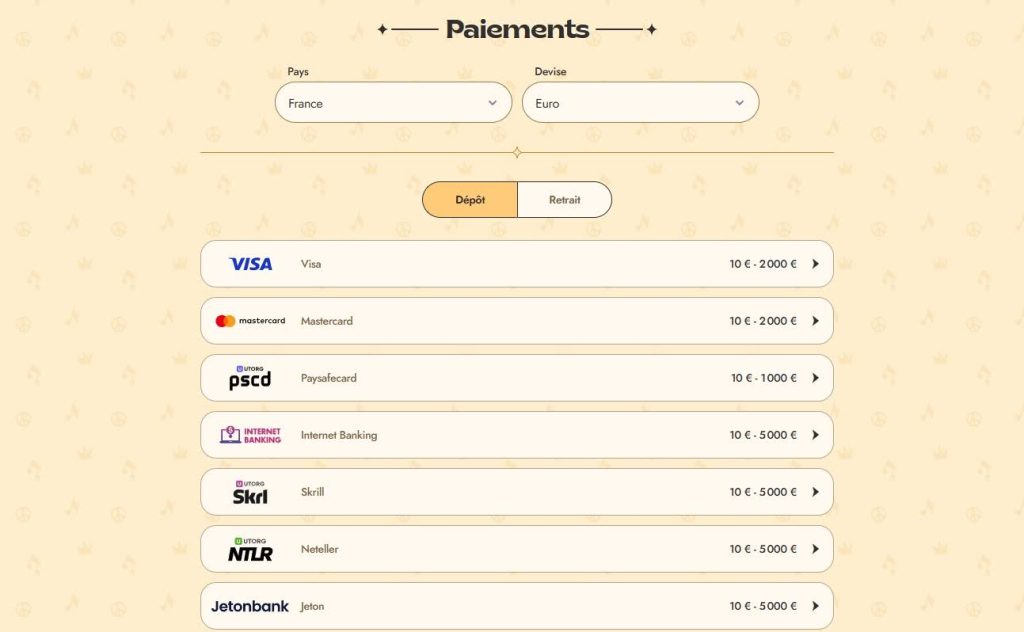 modes paiement vinyl casino
